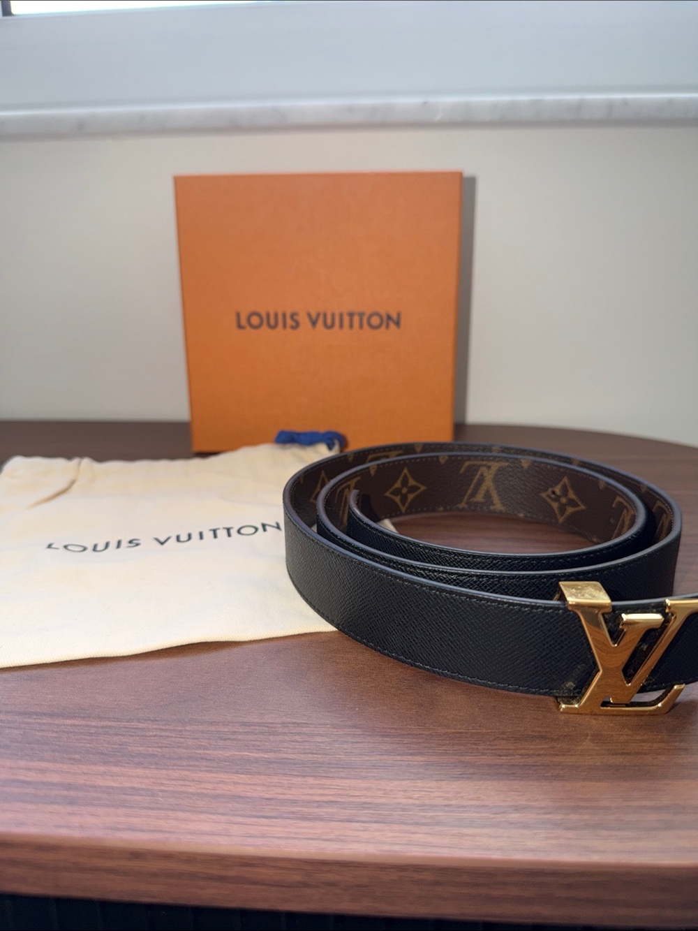 Louis Vuitton Black & Brown Monogram Reversible Belt with Gold LV Buckle